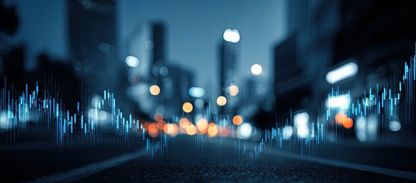 Blurred city lights at night overlayed with a blue financial stock graph
