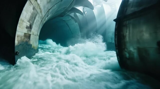 Powerful rushing water flows through immense dark concrete tunnel, creating foamy current. Dynamic energy and raw strength vividly revealed