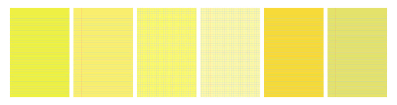 Set of yellow legal pad pages with lined or grid designs