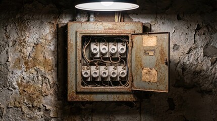 Rusty industrial electrical panel with multiple fuses and papers in old weathered metal box with peeling paint and exposed wiring