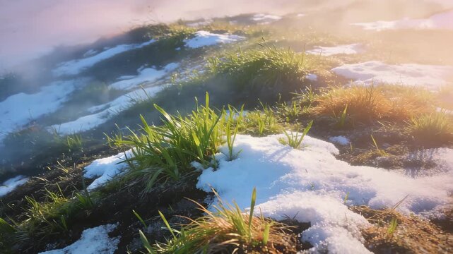 Ethereal Overhead Shot of Swirling Fog Over Patchy Snow and New Grass in Spring Landscape