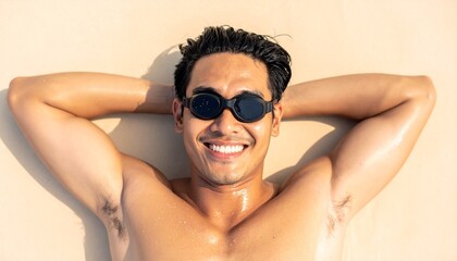 Fototapeta premium A relaxed individual wearing swimming goggles smiling and enjoying leisure time