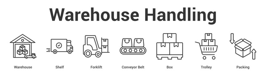 Warehouse Handling web banner icon set vector illustration concept for business with icon of Warehouse, Shelf, Forklift, Conveyor Belt, B. © AGE