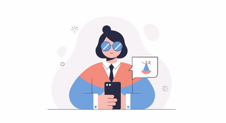 Fototapeta premium Animated woman in glasses texting, with a speech bubble showing a balance scale