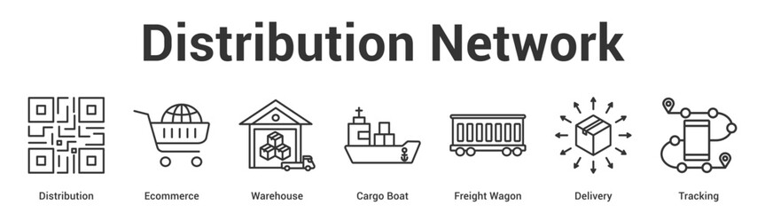 Obraz premium Distribution Network web banner icon set vector illustration concept for business with icon of Distribution, Ecommerce, Warehouse, Cargo Boat, Freight Wag.