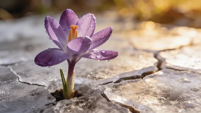 Macro Perspective of a Lone Crocus Breaking Through Ice in Early Spring