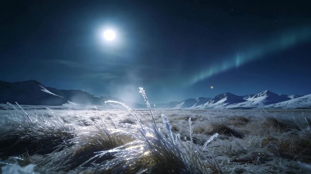 Cinematic Night View of Moonlit Frost Glimmering on an Open Field Landscape