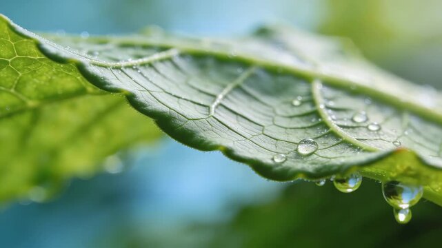 Close-Up Slow Motion of Dew on a Fresh Green Leaf