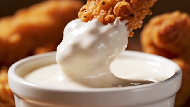 A piece of crispy fried chicken being dipped into a creamy white sauce in a small container surrounded by more fried chicken.