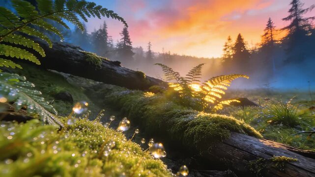 Cinematic Pan Across Dew-Laden Moss at Sunrise in a Tranquil Forest Glade