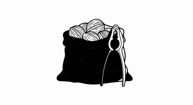 Black sack overflowing with striped nuts beside a nutcracker tool