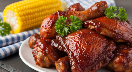BBQ Glazed Chicken Drumsticks Served With Corn And Parsley