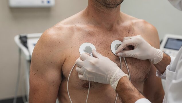 Close-up of gloved medical hands applying EKG electrodes to a patient's chest capturing the precision and care of cardiac monitoring and the authentic connection in diagnostic healthcare.
