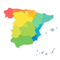 Obraz premium Spain political map of administrative divisions - autonomous communities and autonomous cities of Ceuta and Melilla. Rainbow spectrum colorful blank vector map.