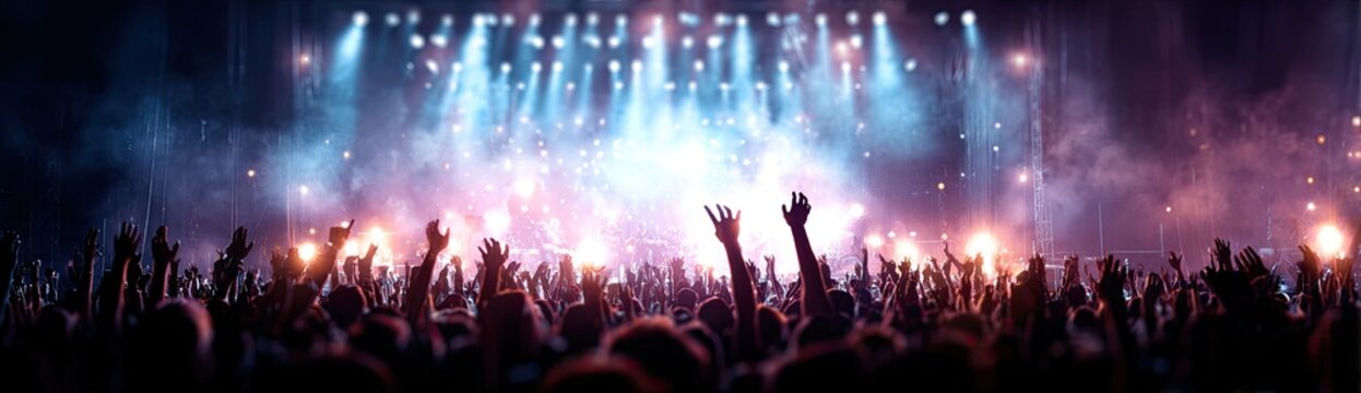 A large crowd cheers with hands raised in a concert hall illuminated by stage lights