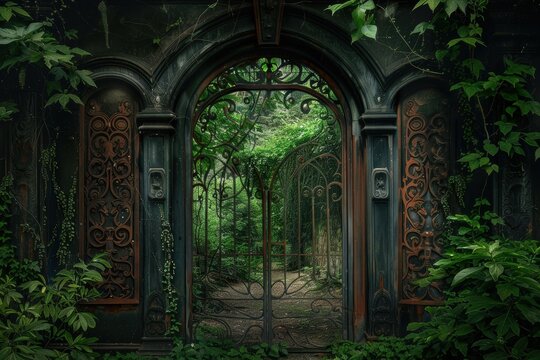 Beautiful door in the wild forest leading to the unknown