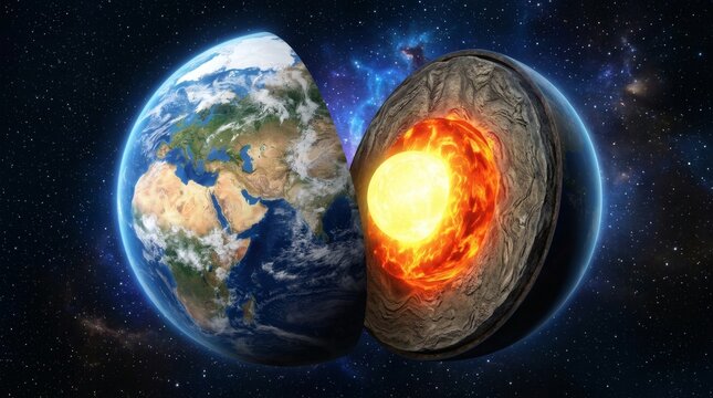 Earths core exposed in deep space Layers revealed.