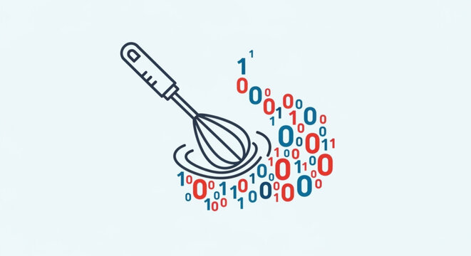 Whisk with binary code swirling around symbolizing data driven cooking and digital recipe innovation
