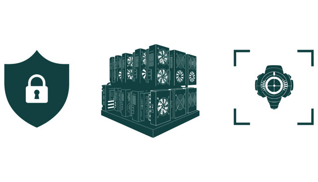 Secure server room with shield and camera surveillance illustration