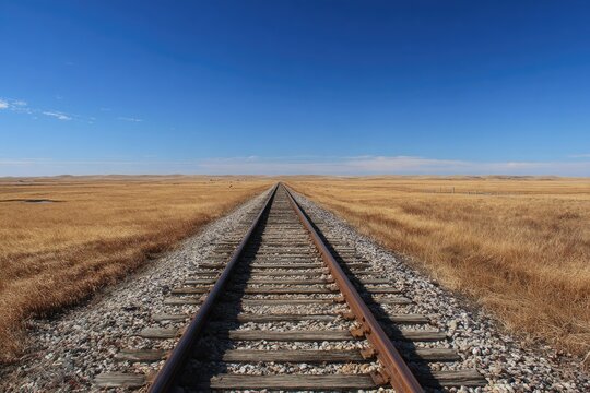 Endless train tracks stretch across a vast, dry, golden prairie under a clear blue sky