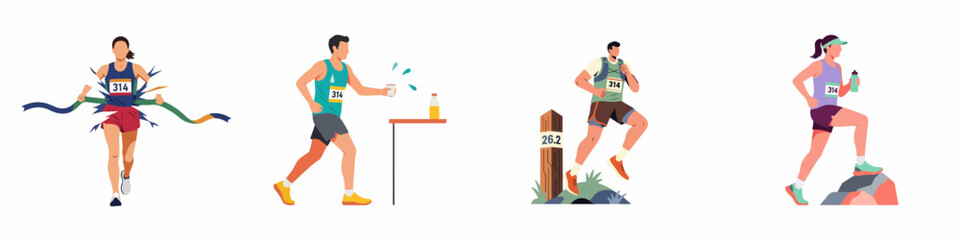 Fototapeta premium Set of diverse marathon runners illustrating various race stages like crossing the finish line, hydrating at a water station, and trail running uphill.