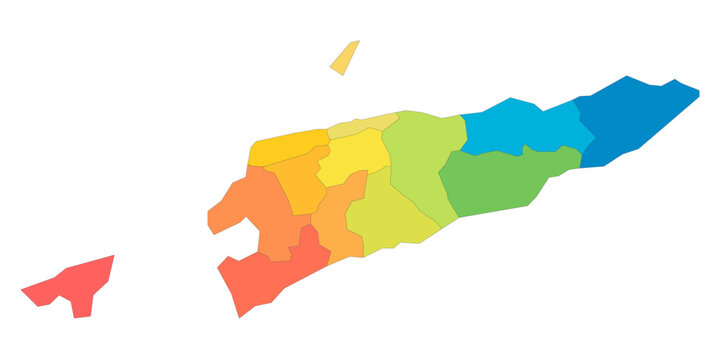 East Timor political map of administrative divisions - municipalities and Special Administrative Region Oecusse-Ambeno. Rainbow spectrum colorful blank vector map.