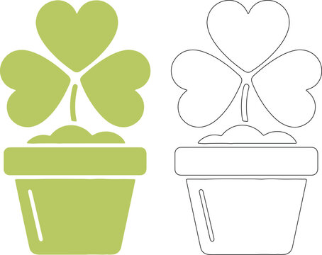 Green clover plant silhouettes in pots heart-shaped