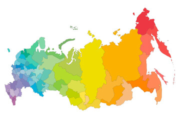 Russia political map of administrative divisions - oblasts, republics, autonomous okrugs, krais, autonomous oblast and 2 federal cities of Moscow and Saint Petersburg. Rainbow spectrum colorful blank