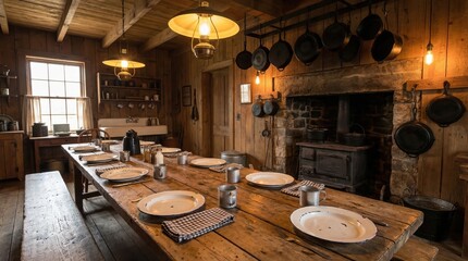 Fototapeta premium Rustic wooden kitchen with long table set for dinner in cozy cabin interior with vintage lighting and brick fireplace