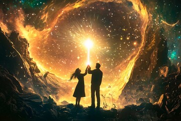 Fototapeta premium Couple making a wish together as a shooting star lights up the night sky in a stunning cosmic display