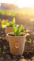 Young tulip shoots in biodegradable cups