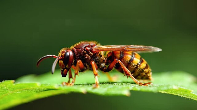 Extreme Close-up of a Wasp on a Green Leaf, Detailed Macro Insect Footage, Natural Environment, Symbolizing Nature's Intricacy and Biodiversity