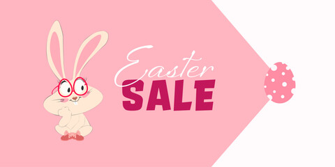 Easter sale banner with cartoon bunny wearing glasses and decorative Easter egg on pink background. Spring holiday promotion design. Vector