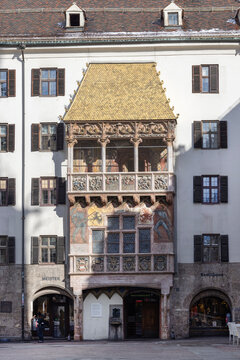 Innsbruck, Austria - February 26, 2023: Goldenes Dachl ( Golden Roof), decorative balcony on imperial building built in 1500 on Old Town