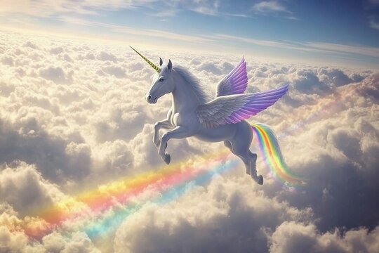 Winged unicorn gracefully soaring among vibrant clouds and rainbow in a magical sky