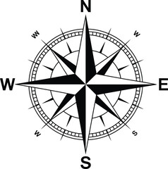 Nautical compass rose illustration, black and white vector design of classic maritime navigation symbol for map charts sailing and nautical decor.