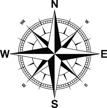 Nautical compass rose illustration, black and white vector design of classic maritime navigation symbol for map charts sailing and nautical decor.