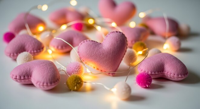 Pink macaron shaped pillows with decorative fairy lights for romantic bedroom decor