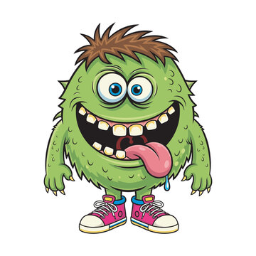 Silly green hairy monster character with tongue out wearing pink sneakers isolated