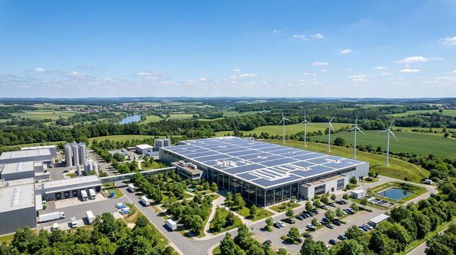 Large industrial complex with expansive solar panel array wind turbines and trucks parked outside