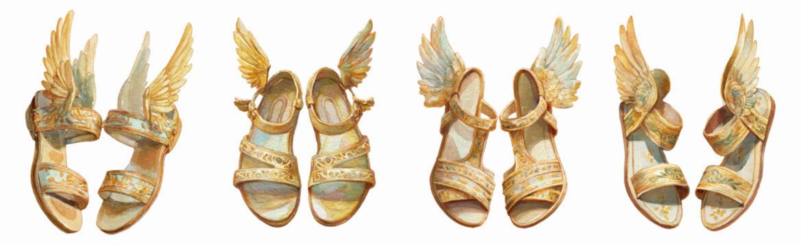 Winged sandals symbolizing speed, divine communication, mythology, and messenger gods, featuring golden wings and intricate detailing, embodying ancient greek legends