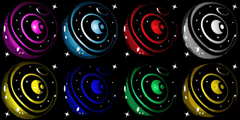 Colorful planetary rings and celestial bodies against a dark background © Bijoy