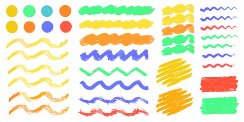 Obraz premium Colorful crayon scribbles and shapes arranged in rows on white background