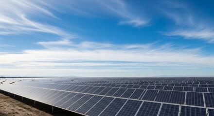 Expansive solar panel farm stretches across the landscape under a bright blue sky with wispy clouds