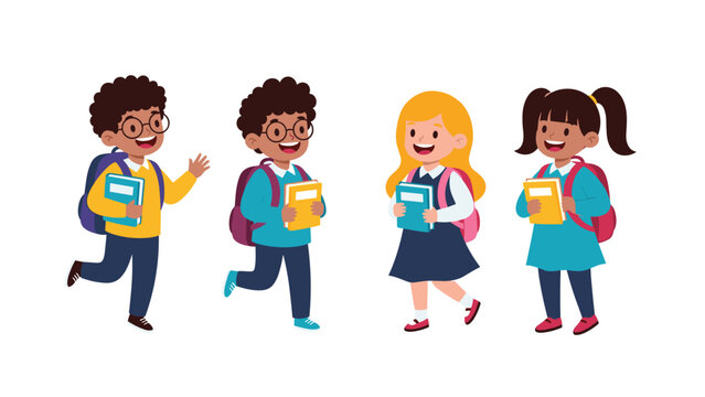 Group of diverse elementary school students carrying backpacks and books walk together happily during their first day of the new school year.