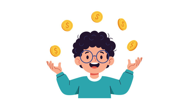 Happy young boy with glasses watches in wonder as golden coins float magically around his hands to represent wealth and financial dreams.