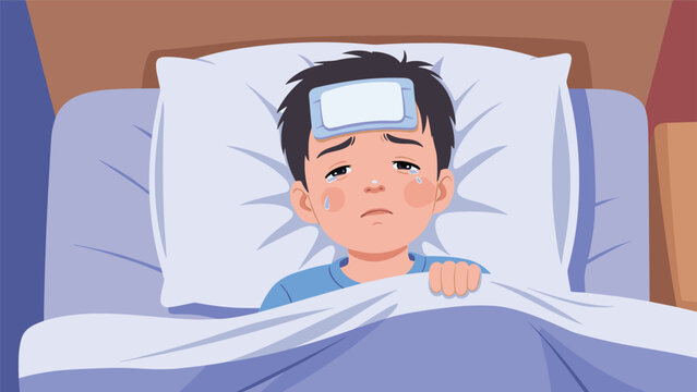 Sick young boy lies sadly in bed with a cooling fever patch on his forehead while resting to recover from an illness or high temperature.