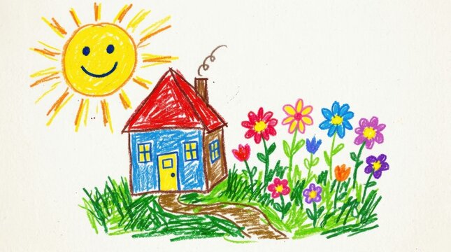 Childs Drawing of a Sunny Day with a House and Flowers.