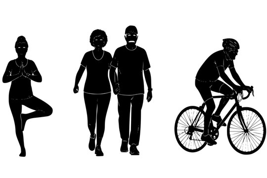 Active Seniors Sports Set Elderly People Walking Yoga Cycling Healthy Aging Collection Black Vector Silhouette