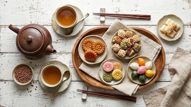 A beautiful Korean tea set featuring hot boricha barley tea served with songpyeon, yakgwa, dasik, and injeolmi rice cakes on a rustic white wooden table.